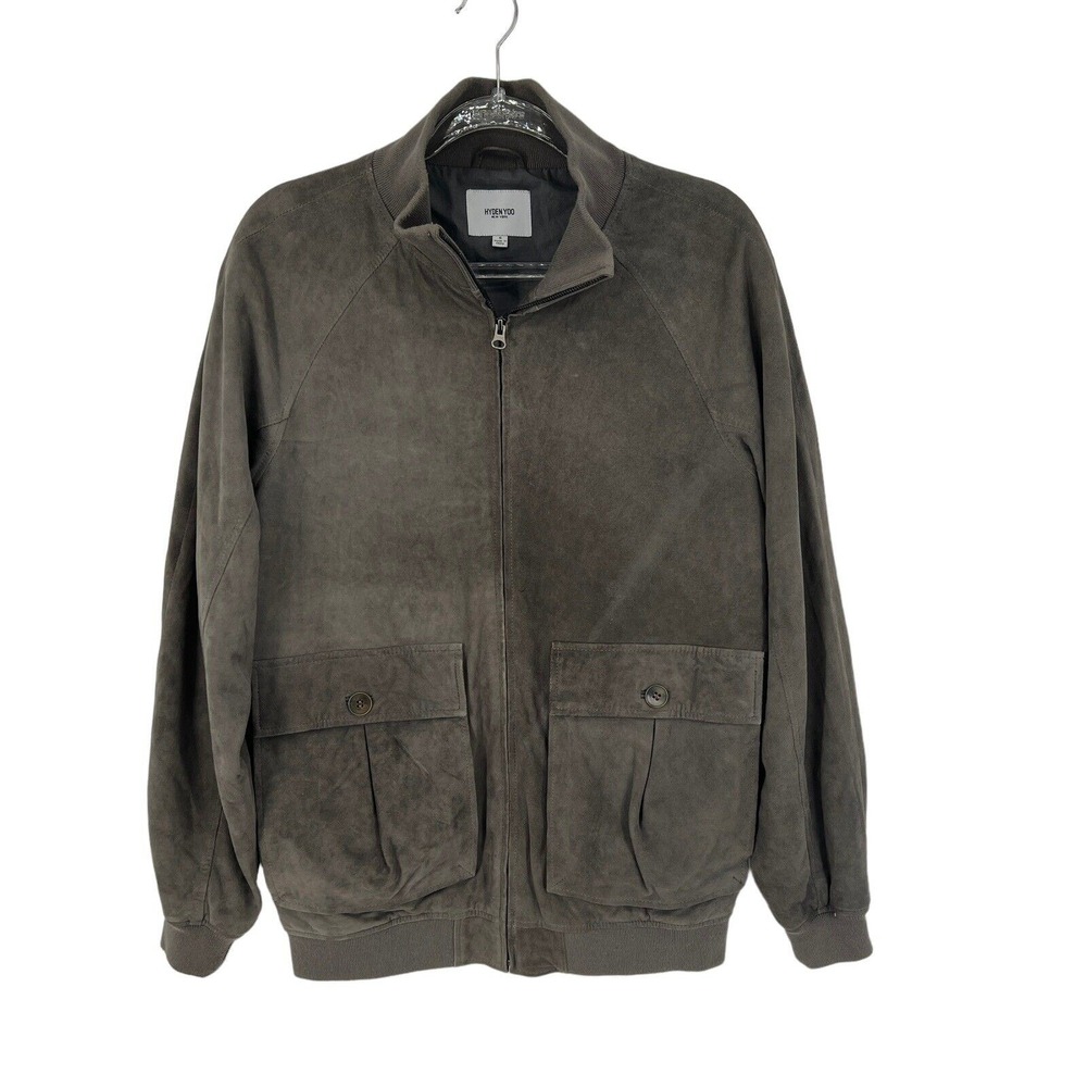 HYDEN YOO Mens Classic Bomber Coat Jacket Leather Ultra 100% Suede Sz S Zip Grey